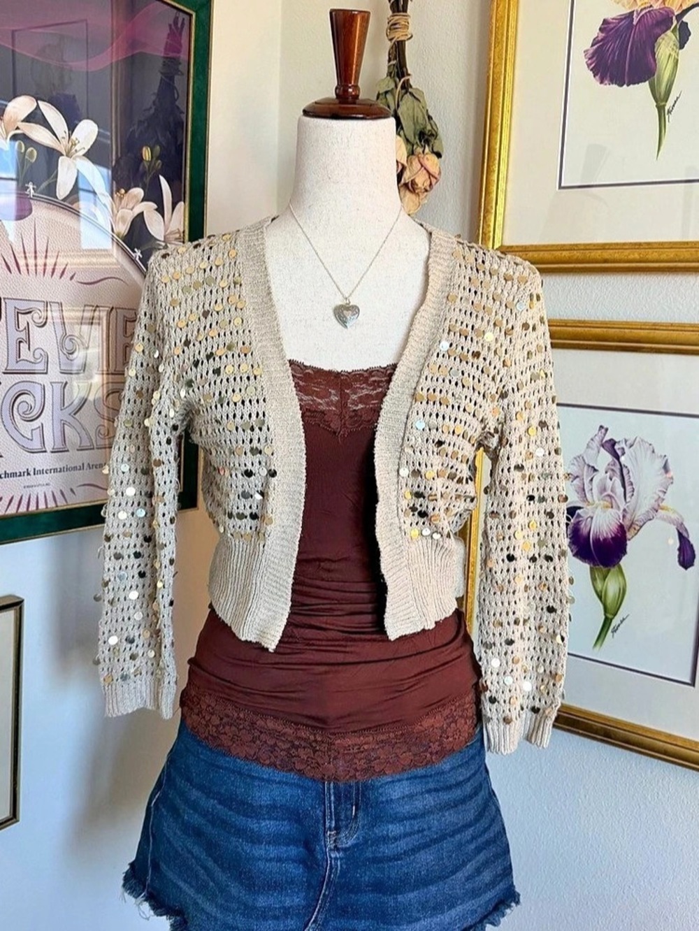 Y2K Sequin Crochet Long Sleeve Bolero. Say What? Size Medium